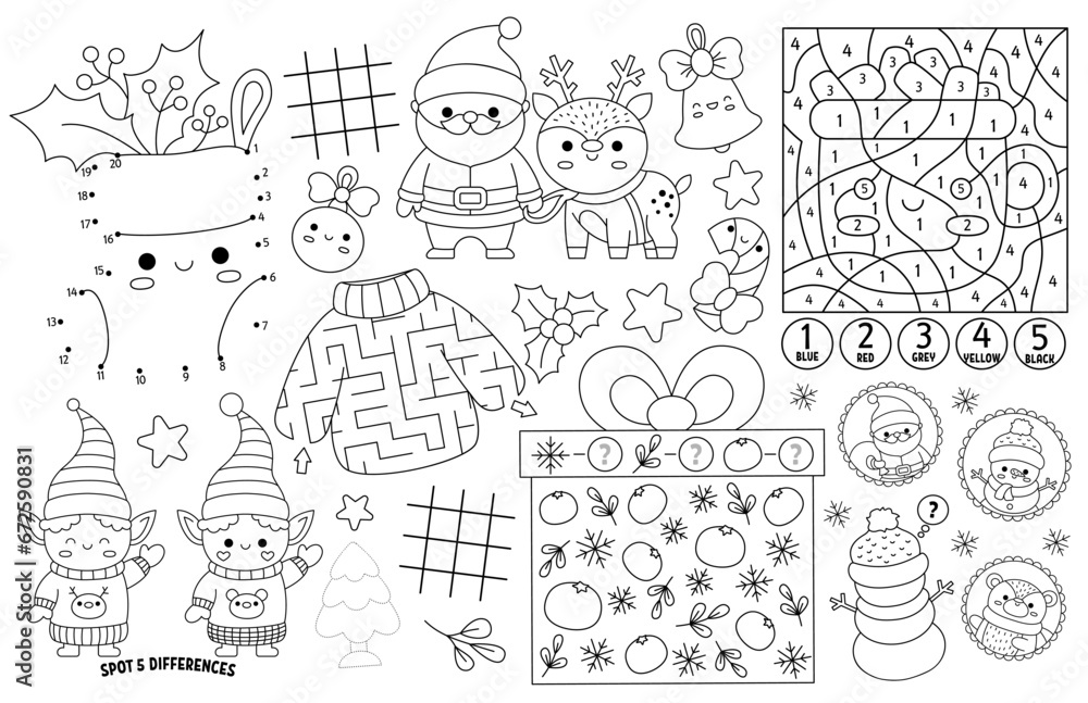 Vector kawaii Christmas placemat for kids. Winter holiday printable activity mat with maze, tic tac toe chart, connect the dots, find difference. Black and white winter play mat or coloring page.