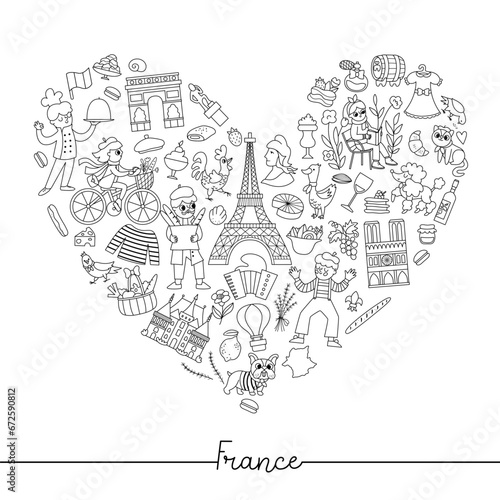 Vector black and white French heart shaped frame with people  animals  Eiffel tower  traditional symbols. Touristic France card template design. Cute line illustration or coloring page.