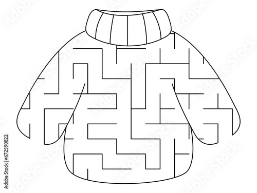Christmas black and white maze for kids in shape of sweater. Winter holiday line preschool printable activity with cute kawaii clothes. New Year geometrical labyrinth coloring page .
