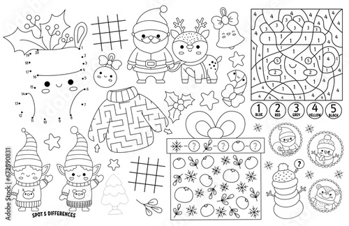 Vector kawaii Christmas placemat for kids. Winter holiday printable activity mat with maze, tic tac toe chart, connect the dots, find difference. Black and white winter play mat or coloring page.
