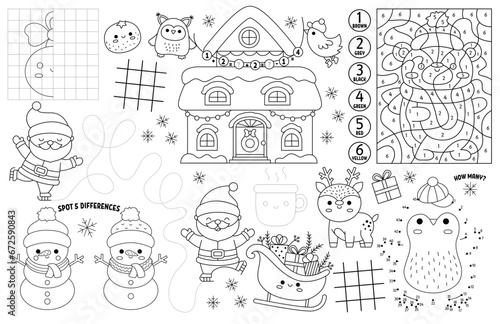Vector kawaii Christmas placemat for kids. Winter holiday printable activity mat with maze, tic tac toe chart, connect the dots, find difference. Black and white winter play mat or coloring page.