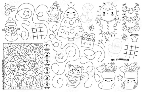 Fototapeta Naklejka Na Ścianę i Meble -  Vector kawaii Christmas placemat for kids. Winter holiday printable activity mat with maze, tic tac toe chart, connect the dots, find difference. Black and white winter play mat or coloring page.