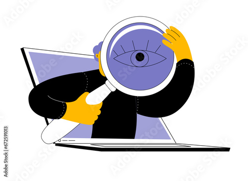 A character with a large magnifying glass is looking for something online. Vector illustration on the topic of help in searching on a computer and on the web. Illustration for a mobile application.