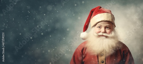 Funny Vintage smiling Santa Claus holding gifts studio Portrait on a snowy background. horizontal banner wallpaper emery christmas card, copy space for text  photo