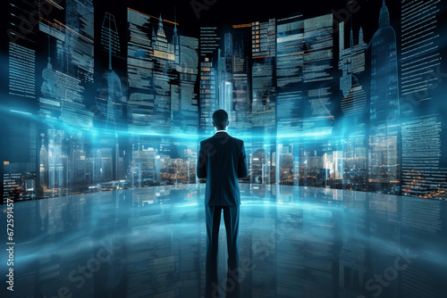 Futuristic corporate businessman standing in city at night. AI Technology