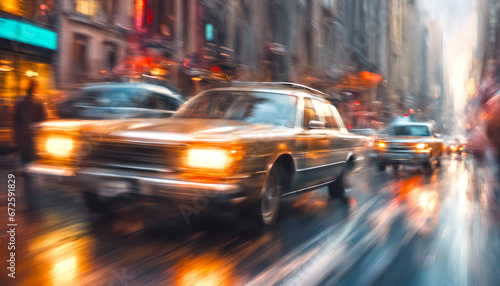 Painting has a sense of motion and energy, with the car appearing to be moving quickly through the rain in New York, Manhattan. © Jairo