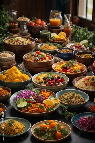 set of various plates of food on background, top view © liliyabatyrova
