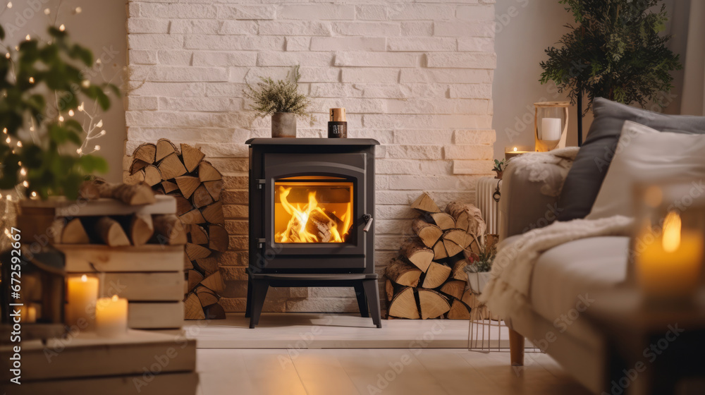 A cozy living room with a fireplace and a stack of firewood next to it - obrazy, fototapety, plakaty 