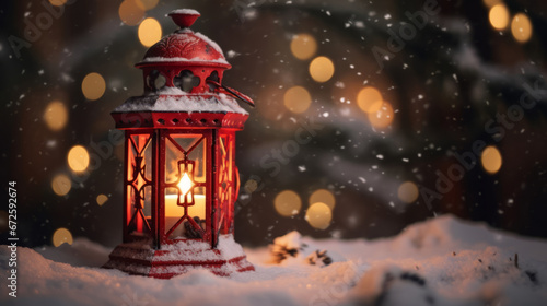 vintage-style red Christmas lantern, with a flickering candle inside on the snowy outdoor bokeh background