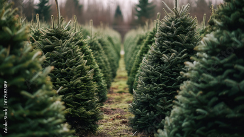 close up of rows of pine trees on a Christmas tree farm