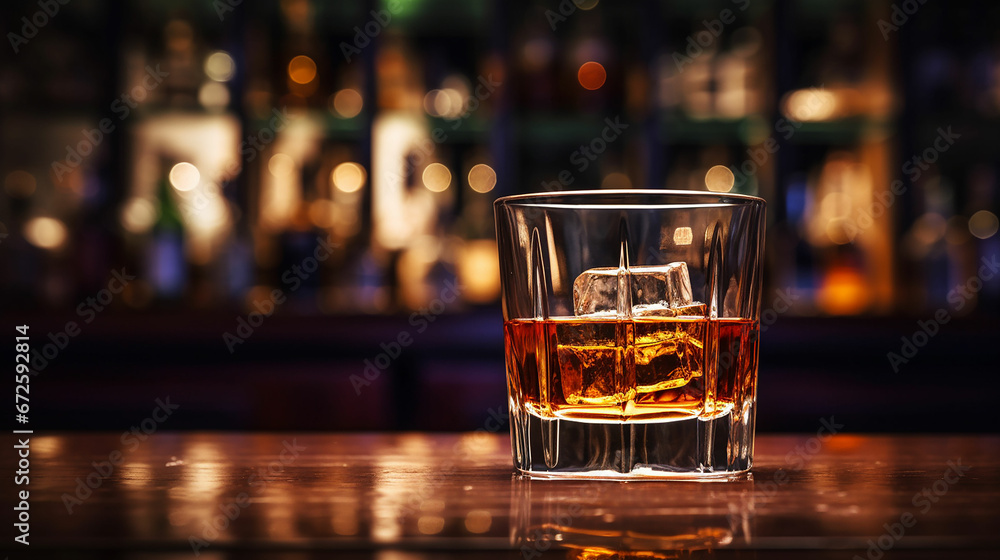 a glass of whiskey on the bar in front of the bar. made with generative ai a glass of whiskey on the bar in front of the bar. made with generative ai