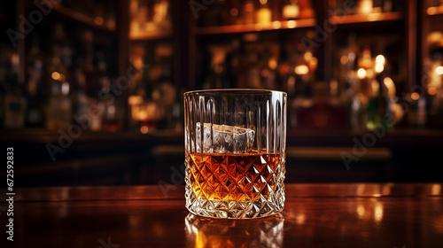 a glass of whiskey on the bar in front of the bar. made with generative ai