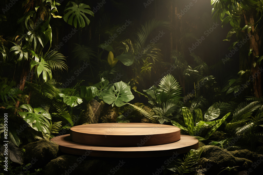 Wooden podium in tropical forest for product presentation Wooden podium in tropical forest for product presentation