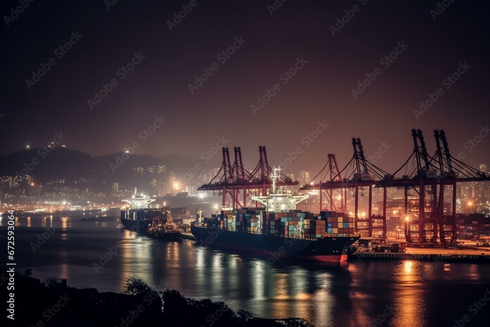 Night view of Yantian port China. Generative AI