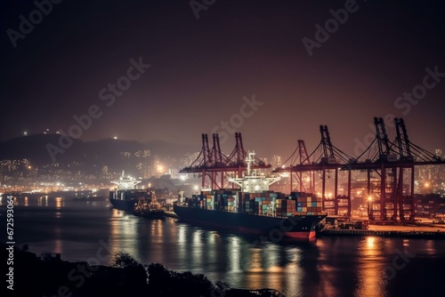 Night view of Yantian port China. Generative AI
