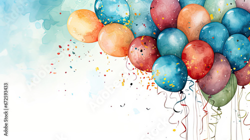 Purple and  balloons and ribbons background. With room for text on left side. Watercolor paint Birthday card.