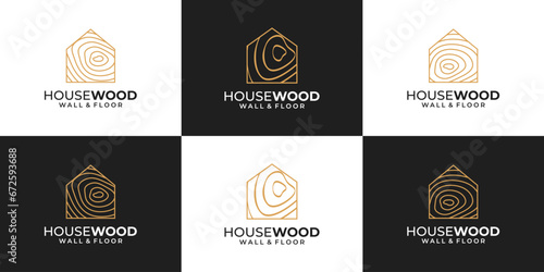 Wood house vector logo template set. Wooden home builder logo illustration. Carpenter industry logo design. Oak home line stye logo design.