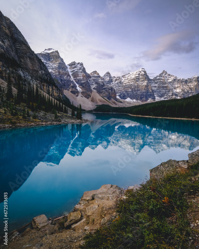 Lake moraine in the morning, a quiet place with a serene, light and noiseless atmosphere. Alberta, Canada