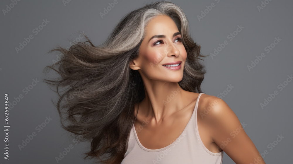 Obraz premium Sensual middle-aged beautiful Asian woman with long grey hair, her eyes closed, body and face care concept. Charming mature lady stands in profile isolated on grey studio background