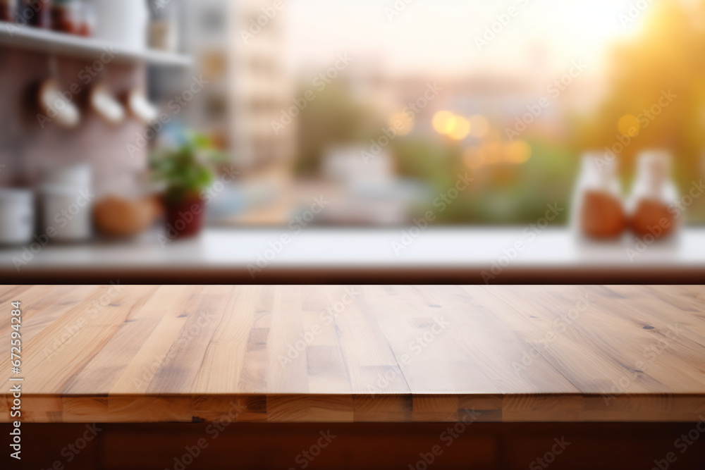 wooden table on blurred kitchen bench background