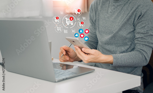 Online shopping and e-commerce technology internet concept. Woman uses a smartphone to buy things from an online store on the internet. Order in online store, payment makes a purchase on the Internet