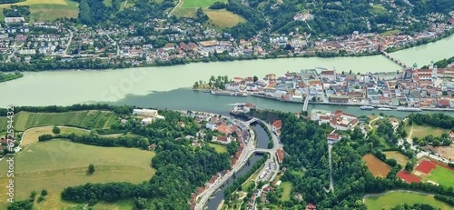 Passau, Germany: Estuary of Inn and Ilz into the Danube. Passau,Bavaria, Germany: Aerial cityscape of the three river city. Conjuction of tree rivers Danube, Inn and Ilz.