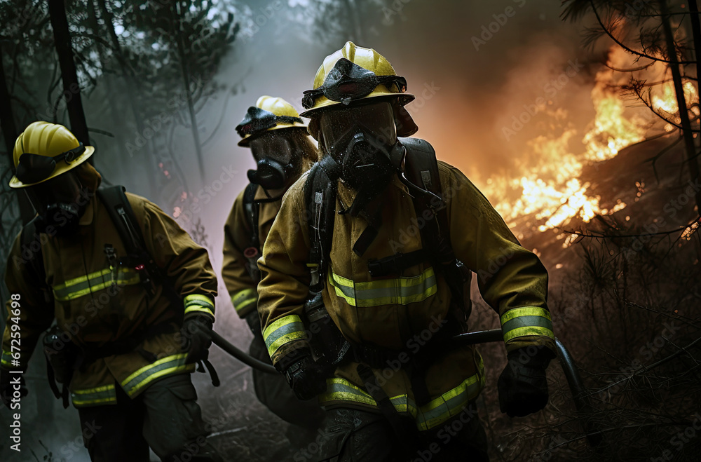 Naklejka premium Emergency Responders in Protective Gear Extinguishing a Blazing Fire with a Fire Hose