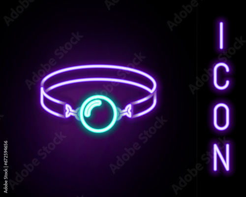 Glowing neon line Silicone ball gag with a leather belt icon isolated on black background. Fetish accessory. Sex toy for men and woman. Colorful outline concept. Vector