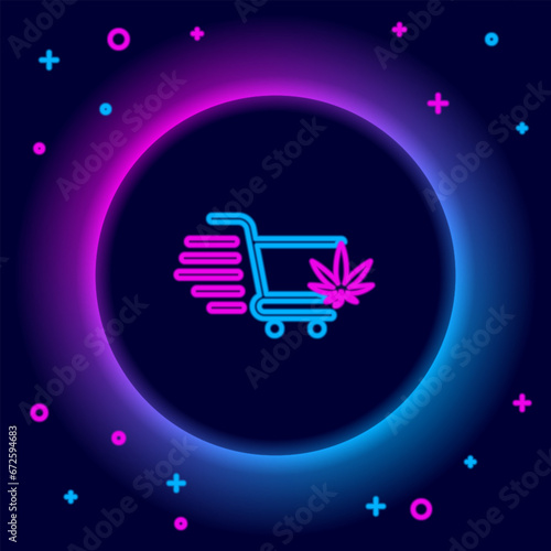 Glowing neon line Shopping cart with marijuana or cannabis leaf icon isolated on black background. Online buying. Delivery service. Supermarket basket. Colorful outline concept. Vector