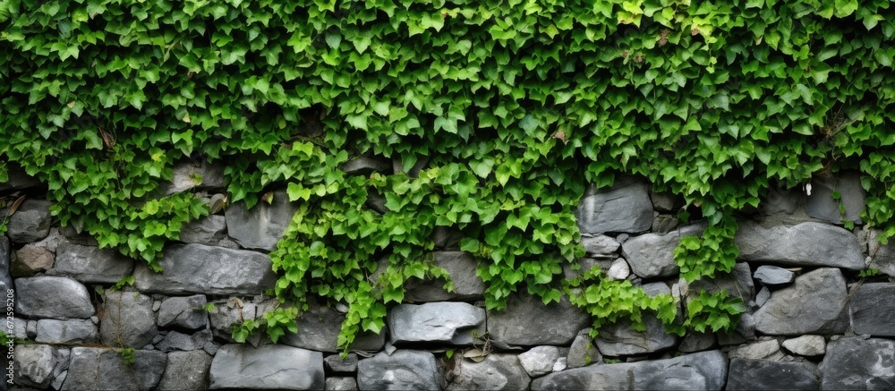 The bright surface of the stone wall adorned with ivy and surrounded by lush green grass