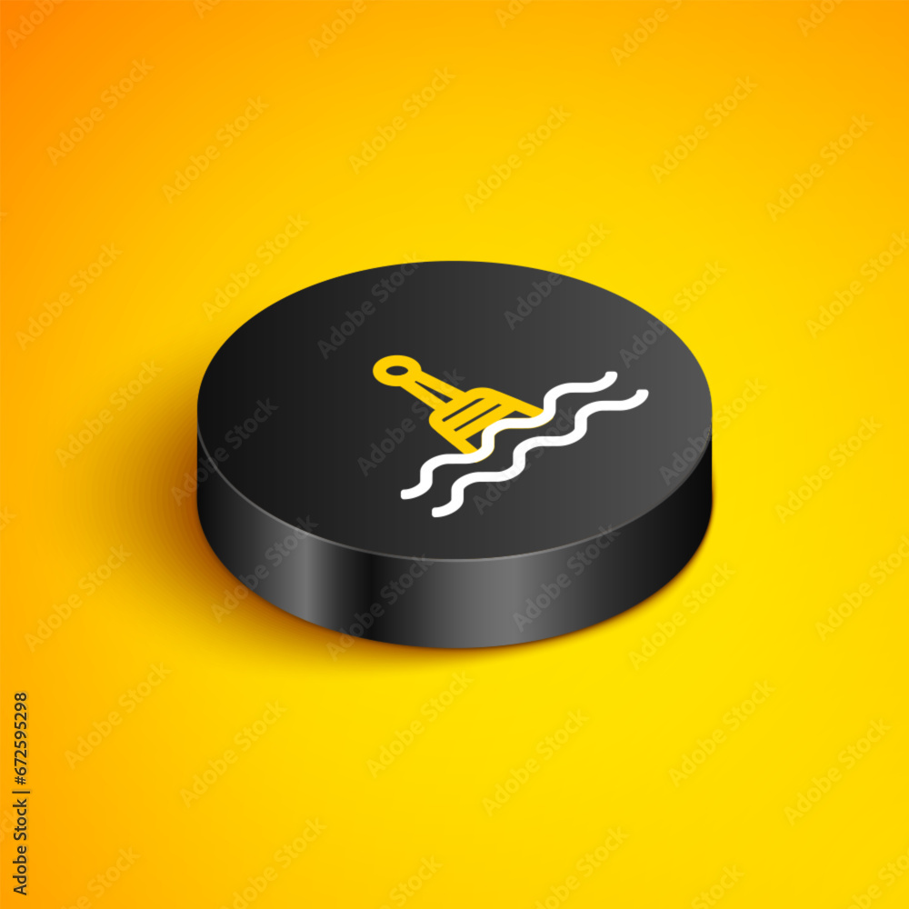 Isometric line Floating buoy on the sea icon isolated on yellow background. Black circle button. Vector Isometric line Floating buoy on the sea icon isolated on yellow background. Black circle button. Vector