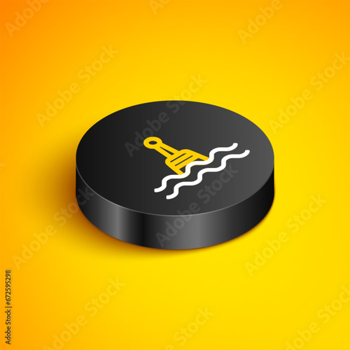 Isometric line Floating buoy on the sea icon isolated on yellow background. Black circle button. Vector