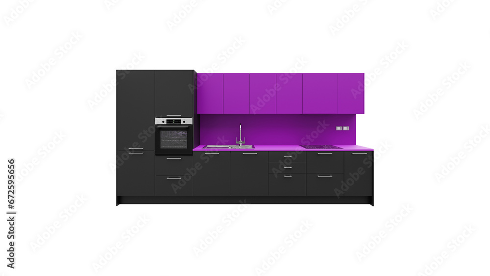 Obraz premium KITCHEN DESIGN 3D RENDERING MODEL ISOLATED ON WHITE. DARK GREY AND PURPLE KITCHEN PERSPECTIVE VIEW PNG TRANSPARENT