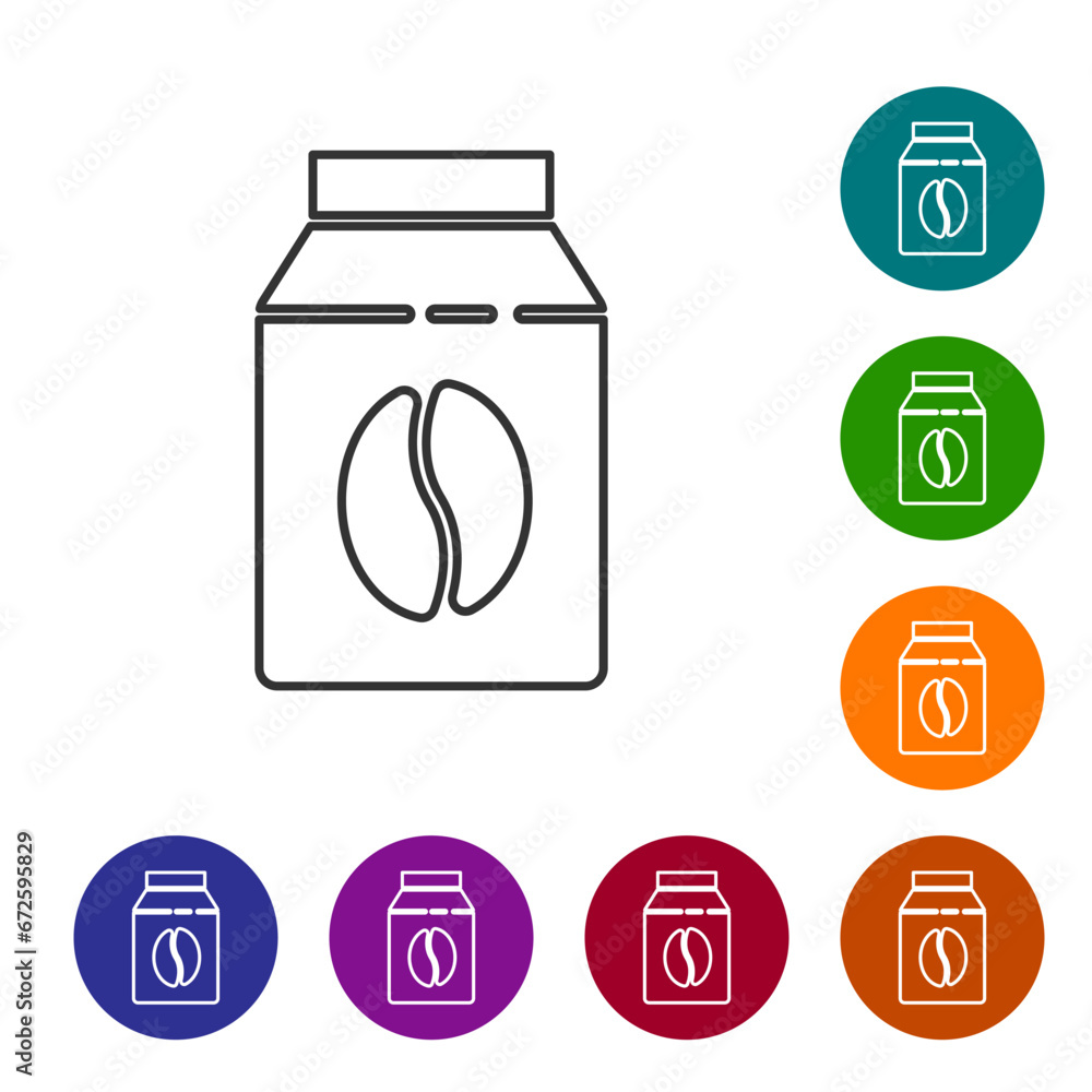 Black line Bag of coffee beans icon isolated on white background. Set icons in color circle buttons. Vector Black line Bag of coffee beans icon isolated on white background. Set icons in color circle buttons. Vector