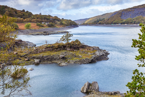 Llyn Peris, with Dinorwic quarry and power station in the background, near Llanberis, Snowdonia National Park, Wales.