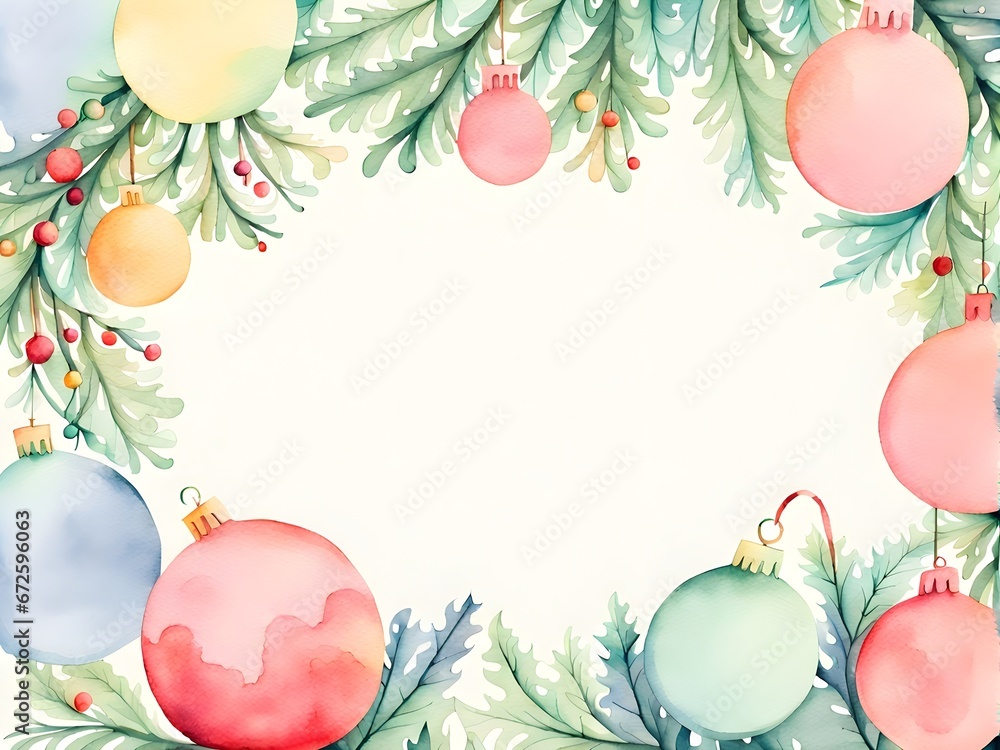 Watercolor Christmas frame background with baubles and fir 