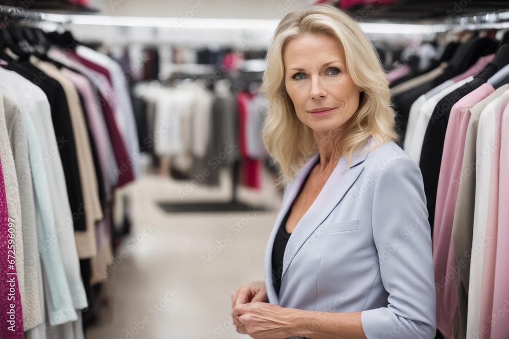 Portrait of a successful middle-age woman entrepreneur dressed in a business suit supervising a retail clothing store. A businesswoman managing a high-end fashion boutique. Women in managerial role. - obrazy, fototapety, plakaty 