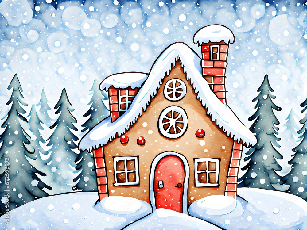 Watercolor winter Christmas house in the pine tree forest background