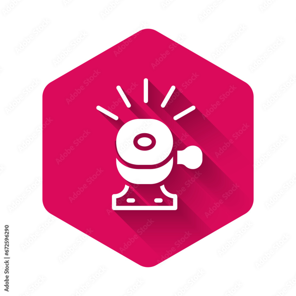 White Bicycle bell icon isolated with long shadow. Pink hexagon button. Vector