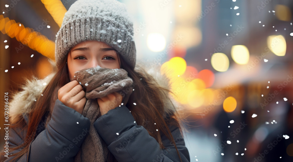 Winter Joy a Smiling Young Woman Enjoying Snowfall in Illuminated City Winter Joy a Smiling Young Woman Enjoying Snowfall in Illuminated City