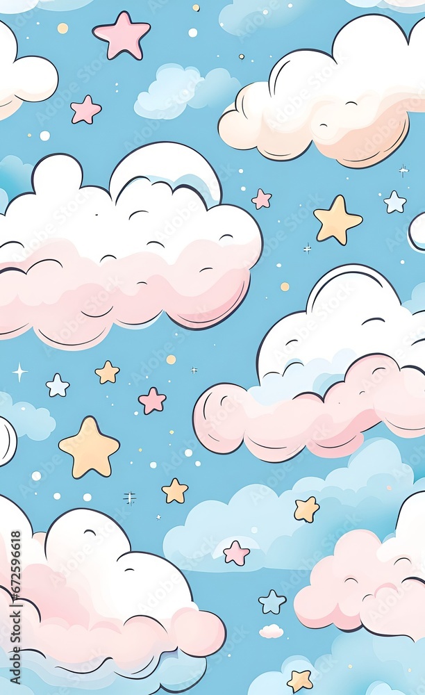 Cute hand drawn clouds and stars. Baby  illustration in pastel colors for decorating a kids room. Wall art of the nursery. Trendy design of air clouds for children's, Generative AI