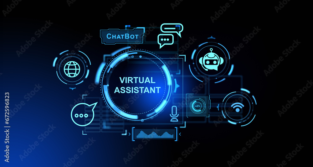 Virtual assistant hologram and social media icons, AI and chat bot communication - obrazy, fototapety, plakaty 