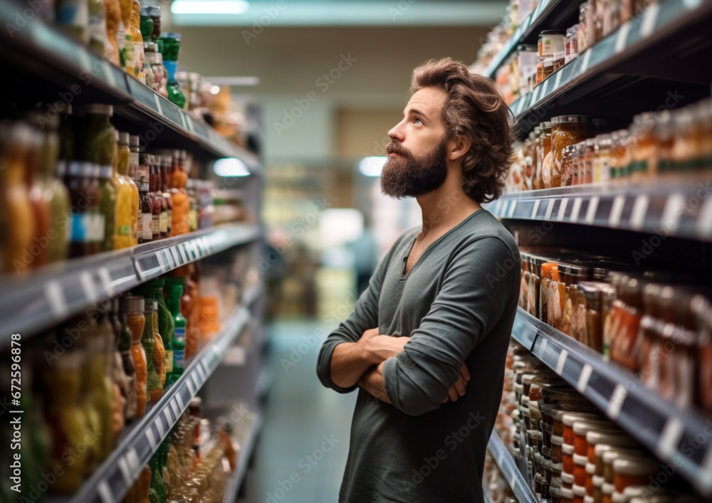 Thoughtful bearded attractive young man is shopping
