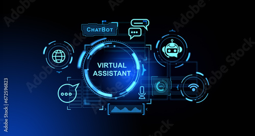 Virtual assistant hologram and social media icons, AI and chat bot communication photo
