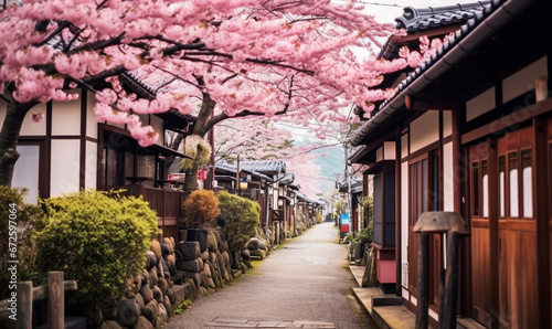 street village with sakura flowers
