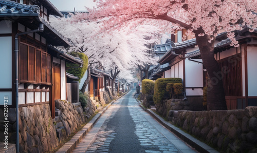 village street with sakura flower