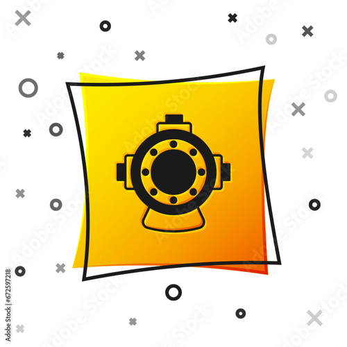 Black Aqualung icon isolated on white background. Diving helmet. Diving underwater equipment. Yellow square button. Vector