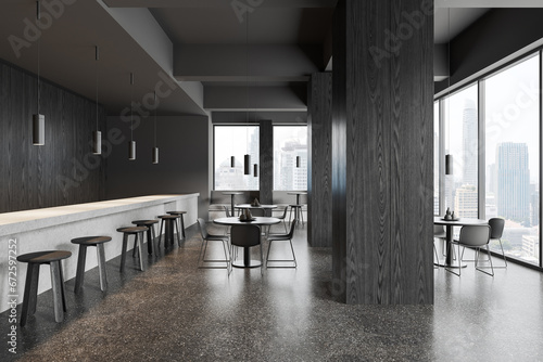 Grey cafe interior with chairs and table  bar counter and panoramic window