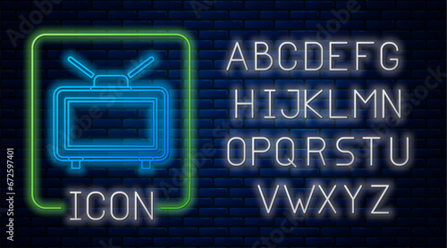 Glowing neon Football soccer match on TV icon isolated on brick wall background. Football online concept. Neon light alphabet. Vector