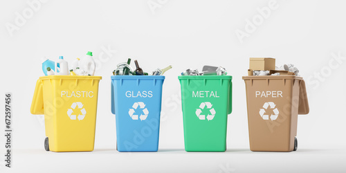 Four waste bins full of different types of garbage, beige photo